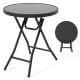 Round black folding side table with tempered glass top and reinforced metal frame, ideal for indoor and outdoor use.