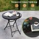 Round black folding side table with tempered glass top, ideal for indoor and outdoor use, lightweight and easy to.