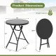 Round black 18-inch folding side table with dimensions and weight capacity, ideal for indoor and outdoor use.