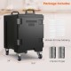 End-loading insulated food pan carrier with wheels, 81 quart capacity, designed for easy transport and stacking.