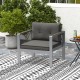 Contemporary gray sofa chair with WPC armrests and cushions, featuring a sturdy aluminum frame for outdoor comfort.