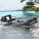 Contemporary 2-person sofa chairs with WPC armrests, featuring soft cushions, placed by a poolside for outdoor.