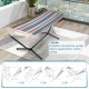 Multicolor hammock with stand, featuring breathable fabric and sturdy metal frame, ideal for garden or patio relaxation.
