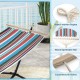 Multicolor hammock with stand featuring hand-woven ropes and wood spreader bar, ideal for garden or patio relaxation.