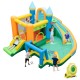 Inflatable water slide bounce house with dual slides, splash pool, and colorful accessories for outdoor fun.