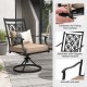 Patio swivel dining chair with blossom pattern backrest, featuring a thick cushion and smooth armrest for outdoor.