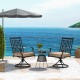 Patio swivel dining chairs with blossom pattern backrest and cushions, designed for outdoor comfort and style.