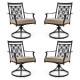 Set of 2 black patio swivel dining chairs with blossom pattern backrest and thick cushions for outdoor comfort.