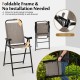 Foldable patio bar stool with metal frame, coffee color, featuring ergonomic armrests and footrest for comfort.