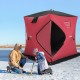 Portable 2 person ice shanty in red with cotton padded walls, ideal for frost-resistant ice fishing trips.
