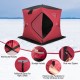 Portable 2 person ice shanty in red with cotton padded walls, dual-way zippers, and reinforced pockets for fishing.