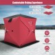 Portable 2 person ice shanty in red with waterproof 300D oxford fabric, cotton padded walls, and pop-up design for easy.