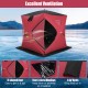 Portable 2-person ice shanty in red with cotton padded walls, featuring a D-shaped door and four 3-tier windows for.