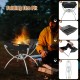 Folding fire pit with stainless steel grill, aluminum legs, and flames, ideal for camping, BBQ, and outdoor cooking.