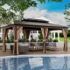 Double-roof hardtop gazebo with galvanized steel roof, featuring curtains and netting, perfect for outdoor relaxation.