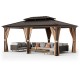 Double-roof hardtop gazebo with galvanized steel roof, featuring aluminum columns and privacy curtains for outdoor.
