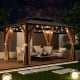 10x13ft double-roof patio hardtop gazebo with galvanized steel roof, curtains, and cozy seating for outdoor relaxation.