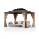 10x13ft double-roof patio hardtop gazebo with galvanized steel roof, featuring curtains and netting for outdoor comfort.
