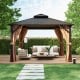 12x12 feet double-roof patio hardtop gazebo with galvanized steel roof, curtains, and netting for outdoor relaxation.