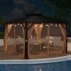 12x12 feet double-roof patio hardtop gazebo with coffee curtains and netting, ideal for outdoor dining and relaxation.