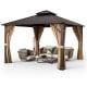 Double-roof patio gazebo with galvanized steel roof, curtains, and netting, ideal for outdoor relaxation and shade.