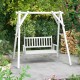 Three-person white wooden outdoor porch swing with slatted surface and sturdy chains, perfect for gardens and backyards.