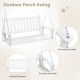 3-person white wooden outdoor porch swing with slatted backrest and smooth armrests, ideal for gardens and backyards.