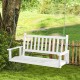 Three-person white wooden outdoor porch swing with slatted surface and sturdy chains, ideal for gardens and backyards.