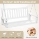 3-person white wooden outdoor porch swing with slatted surface, inclined backrest, and sturdy chains for comfortable.