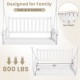 White 3-person wooden outdoor porch swing with slatted surface, 800 lbs capacity, ideal for gardens and backyards.