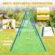 Metal swing set featuring a blue A-shaped frame, sturdy construction, and two swing seats for backyard play.