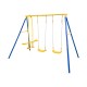 Metal swing set featuring two swing seats and two glider seats, designed for backyard fun and stability for ages 3-12.