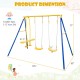 Metal swing set dimensions showing blue frame, two swing seats, and two glider seats for backyard fun.