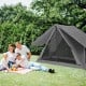 Pop-up camping tent for 2-3 people in gray, featuring see-through panels and rainfly, ideal for outdoor adventures.