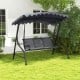 Gray 3-seat outdoor porch canopy swing with adjustable shading, robust metal frame, perfect for backyard relaxation.