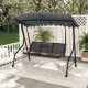 Three-seat outdoor porch canopy swing in gray with adjustable shading, perfect for backyard relaxation and family.
