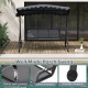 Three-seat outdoor porch swing with adjustable gray canopy, sturdy metal frame, and anti-slip footpads for backyard.