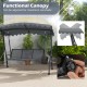 Adjustable canopy on a 3-seat outdoor porch swing in gray, designed for maximum sunshade and family relaxation.