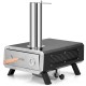Portable wood pellet pizza oven with 12-inch rotatable stone, built-in thermometer, and scald-proof beech wood handles.