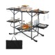 Folding portable outdoor cook station with heat-resistant aluminum tabletop, featuring multiple shelves and hooks for.