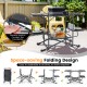 Folding portable outdoor cook station with heat-resistant aluminum tabletop, featuring side tables and built-in hooks.