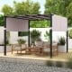 Flat top pergola with retractable gray canopy, sturdy metal frame, ideal for garden, pool, or backyard relaxation.