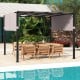 10 x 10 ft gray flat top pergola with adjustable retractable canopy, ideal for garden, poolside, and backyard settings.