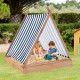 Kids playing in a 49 x 48 inch wooden sandbox with cover and benches, perfect for outdoor fun in the backyard.