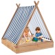 Kids playing in a 49 x 48 inch wooden sandbox with cover and two bench seats, perfect for outdoor fun.