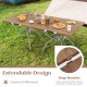 Folding camping table with wood-grain tabletop, suitable for 4-6 people, ideal for beach, picnic, or BBQ.