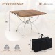 Folding camping table with wood-grain tabletop, aluminum legs, and carrying bag, perfect for beach, picnic, or BBQ.