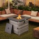 29-inch gray propane rattan firepit table with lava rocks, featuring a secure lid and adjustable flame for outdoor.