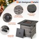 29-inch gray PE rattan propane firepit table with adjustable footpads and convenient door handle for easy gas tank.