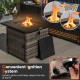 29-inch propane rattan firepit table with adjustable flame, lava rocks, and protective cover for year-round outdoor use.
